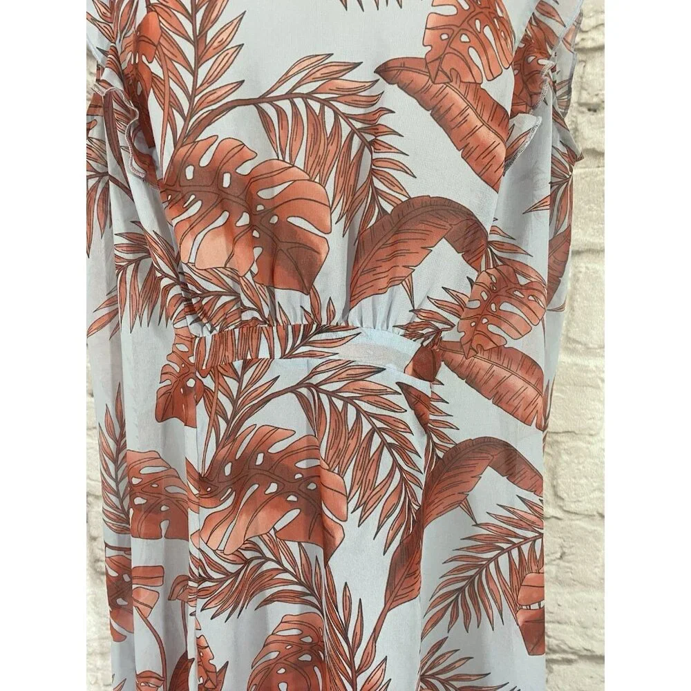 CAbi 5381 Isabel Blue Coral Palm Leaf Print Ruffle Summer Dress M Tropical Beach
